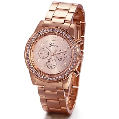 Abbildung von JewelryWe Herren Damen Armbanduhr, Elegant Shiny Business Casual Analog Quarz Edelstahl Armband Uhr mit Strass Digital Zifferblatt, Rose Gold