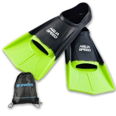Abbildung von Aqua Speed Trainingsflossen I Erwachsene &amp; Teenager Kurze Schwimmflossen weiche Kurzflossen Training Flossen Trainingsschwimmflossen + Ultrapower Rucksack schwarzIneon grünI38; Gr. 37I38