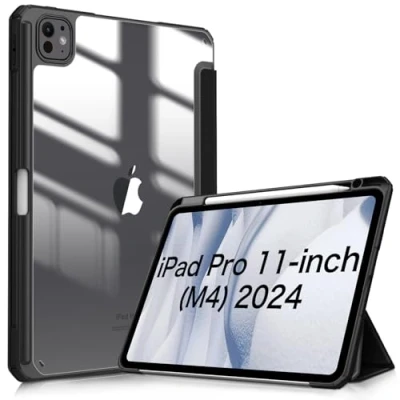 Abbildung von Fintie Hybrid Hülle für iPad Pro 11 Zoll M4 (2024) (Modellnummer: A2836/A2837/A3006) mit Stifthalter Stoßfeste Schutzhülle Case transparenter Hartschale auf der Rückseite, Schwarz