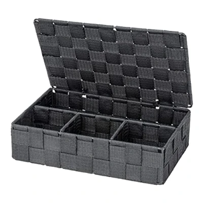 Abbildung von WENKO Badorganizer Mod Adria Deckel Dunkelgrau praktische Aufbewahrungsbox für Bad und Haushalt Maße 26 x 7,5 17 cm Kunststoff Geflecht