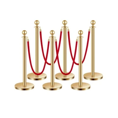 Abbildung von VEVOR Absperrpfosten Absperrung (6 Stk.) zur Steuerung von Menschenmengen mit 4 roten Samtseilen (1,5 m lang), Absperrständer aus Edelstahl nachfüllbarem Sockel für Ausstellungen Golden