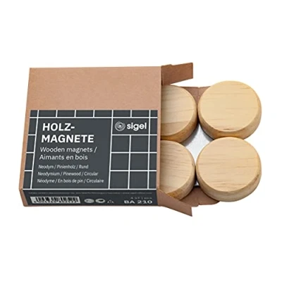 Abbildung von SIGEL BA210 Holz Magnete Neodym rund mit starker Haftkraft ⌀ 33 mm 4 Stück SuperDym, für Glasmagnettafeln und Whiteboards