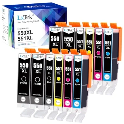 Abbildung von LxTek 550 551 XL Multipack Patronen Kompatibel für Canon PGI CLI Pixma IP7250 MX925 MX920 MX725 MG5650 MG5550 MG6450 MG7550 MG6650 MG5400 MG5450 IP7200 IX6850 (12er Pack)