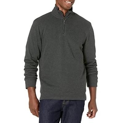 Abbildung von Amazon Essentials Herren Pullover mit Viertelreißverschluss, Französischer Rippstrick, Dunkelgrau Meliert, M