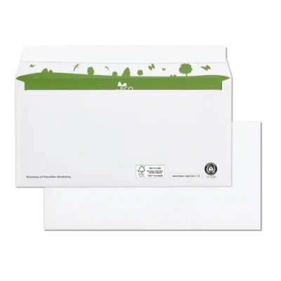 Abbildung von beECO Briefumschlag DIN lang (500 Stück), haftklebender ohne Fenster, Briefumschläge aus 100 % Recycling Papier, geeignet für A4 weiß, 110 x 220 mm, 80g/m²