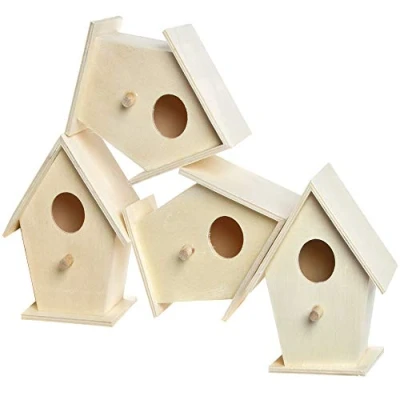 Abbildung von Baker Ross EC1235 Mini Holz, Vogelhäuser zum Bemalen und Dekorieren für Kinder Kunst Handwerk oder Gartenprojekte (4 Stück), Sortiert, Mittel