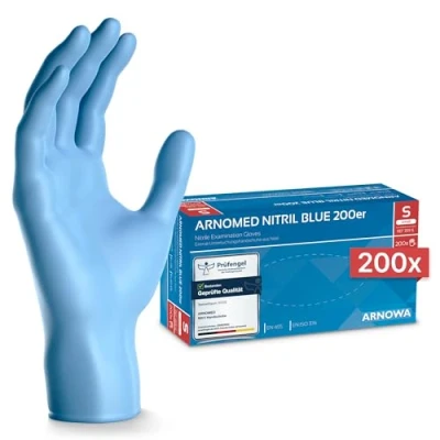 Abbildung von 200x ARNOMED Einweghandschuhe Blau, Einmalhandschuhe S, Nitrilhandschuhe puderfrei, Handschuhe Einweg latexfrei, Gummihandschuhe Einweg, Nitril, in M, L &amp; XL