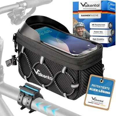 Abbildung von Valkental® Fahrrad Rahmentasche [Innovativer Adapter] Wasserfeste Oberrohrtasche mit Schnellspanner für Ebike, Rennrad &amp; MTB [Viel Platz] Fahrradtasche Rahmen Handy Handytasche sensibler Folie
