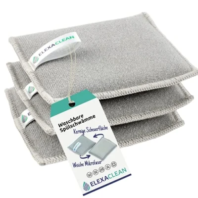 Abbildung von ELEXACLEAN Spülschwamm Topfreiniger Schwämme (3er Set, 12x10 cm, Grau) waschbar zum wiederverwenden, mit Mikrofaser Neu: Große Version