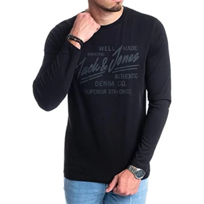Abbildung von JACK &amp; JONES Herren Langarmshirt aus Baumwolle Longsleeve Männer T Shirt mit Langen Ärmeln (Black OPT4 L)(Nala L/S Black L)