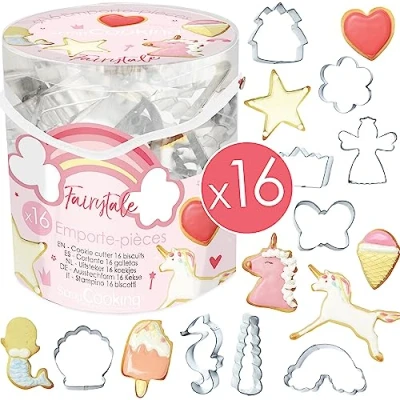 Abbildung von ScrapCooking 16er Einhorn Ausstecher Set Plätzchen Ausstechformen Keksausstecher 16 Stück Regenbogen, Fee, Meerjungfrau, Krone, Blume Backform aus Edelstahl 2027