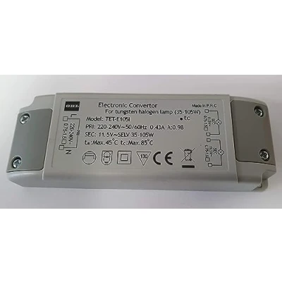 Abbildung von Ersatztrafo TET E105I Elektronischer Halogen Trafo 230V auf 12V, 35 105 Watt Niedervolt slim 125x44x23mm