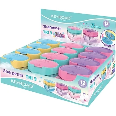 Abbildung von KEYROAD Ergonomischer Dreifachspitzdose Dreifach Anspitzer Pastell / 12 Stück/Klingen aus Stahl/von Bleistiften und Buntstiften/Für Kindergarten Vorschule Schule/Sharpener Spitzer