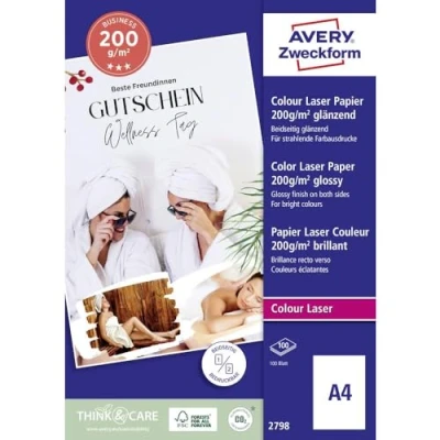 Abbildung von AVERY Zweckform 2798 Premium Colour Laser Papier (100 Blatt, 200 g/m², DIN A4 Papier, beidseitig beschichtet, hochglänzend, weiß, FSC, für Fotodrucke mit Farblaserdrucker) 1 Pack