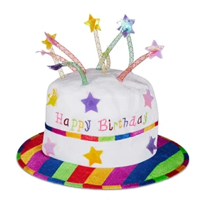 Abbildung von Relaxdays Unisex Erwachsene Happy Birthday Hut Torte, Geburtstagshut mit Kerzen, Partyhut Geburtstagstorte, Plüschhut Party, weiß &amp; bunt, 1 Stück