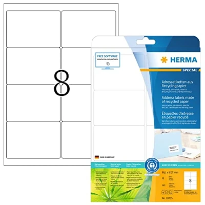 Abbildung von HERMA 10705 Recycling Etiketten, 20 Blatt, 99,1 x 67,7 mm, 8 pro A4 Bogen, 160 Stück, selbstklebend, bedruckbar, matt, blanko Papier Klebeetiketten Aufkleber, natur weiß