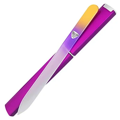Abbildung von Bona Fide Beauty Glasnagelfeile für Naturnägel, 1 Stück Kristallnagelfeile mit Etui, Hochkorn Nagelfeile empfindliche Nägel (Gold Lila)