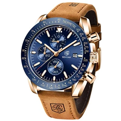 Abbildung von BENYAR Herrenuhr Quarz Sport Chronograph Mode Marken Business Uhr Herren Braun Lederuhr Wasserdicht Kratzfest Analog Automatik Datum Elegantes Geschenk Armbanduhr (Braun Blau)