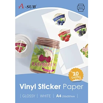 Abbildung von A SUB Weißes glänzendes hochwertiges wasserfestes bedruckbares Vinyl Aufkleberpapier, selbstklebende Etiketten für Tintenstrahldrucker, A4 Format, 20 Blatt