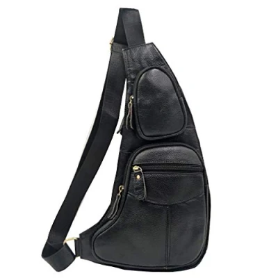 Abbildung von Xieben Leder Schultertasche Sling Brusttasche Crossbody Pack für Herren Damen Reisen Draussen Beiläufig Schulter Tasche Rucksack Tagesrucksack Schwarz