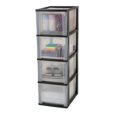 Abbildung von Iris Ohyama, Kunststoff Schubladenbox mit 4 tiefen Schubladen, Schwarz, Easy Pull System, A4, A5 &amp; A6 Format, Schreibtisch Organizer für Büro, Schule, Schreibwaren, BPA frei, Schubladenschrank,