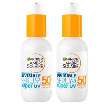 Abbildung von Garnier Ambre Solaire Invisible Serum Super UV Gesichtsserum SPF 50+ Sehr hoher Sonnenschutz UVA UVB Formel mit Keramid Schutz gegen städtische Verschmutzung 2 Flaschen à 30 ml