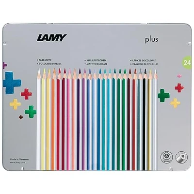 Abbildung von LAMY plus Farbstifte 530 24er Set: Metallbox mit 24 Farbstiften aus hochwertigem Zedernholz ergonomischer Dreieckform und hoher Farbbrillanz Dicke Mine Ø 4 mm