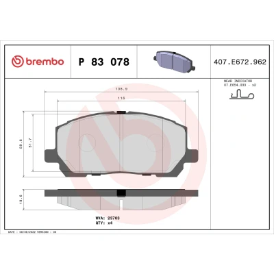 Abbildung von BREMBO P 83 078 Bremsbelagsatz mit akustischer Verschleißwarnung ohne Zubehör