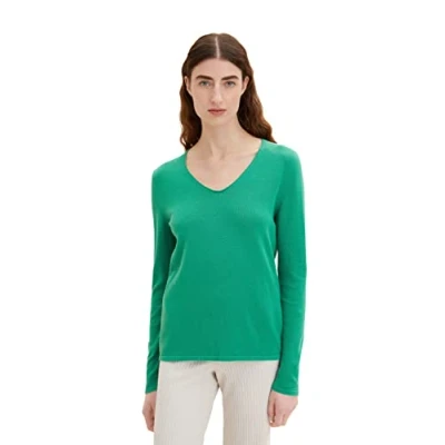 Abbildung von TOM TAILOR Damen Basic Strickpullover mit V Ausschnitt, 31032 Vivid Leaf Green, XXS