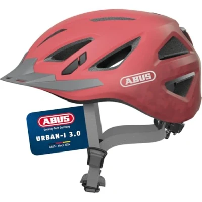 Abbildung von ABUS Stadthelm Urban I 3.0 Fahrradhelm mit Rücklicht, Schirm und Magnetverschluss für Damen Herren Koralle, Größe L (56 61 cm)