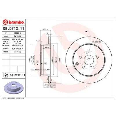 Abbildung von BREMBO 08.D712.11 Bremsscheibe 298 12 5 voll beschichtet