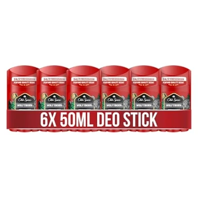 Abbildung von Old Spice Wolfthorn Deo Stick für Männer, 6x50ml, 48H Frische, langanhaltender Duft in Parfümqualität, 0% Aluminiumsalze, keine Flecken auf Schwarz &amp; Weiss, hergestellt aus 50% recyceltem Plastik
