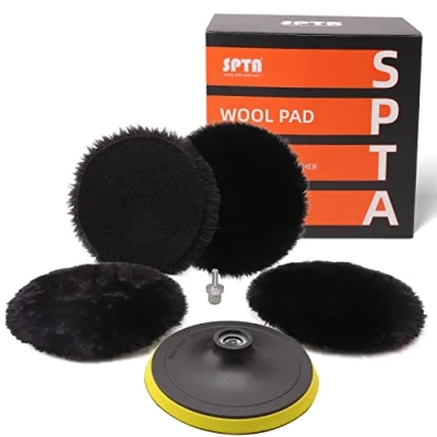 Abbildung von Lammfell pad, Lammwollhaube, Lammfell, SPTA 5tlg 150mm Polieren polierscheibe Polierset Set Wolle pad Lammwolle Klett + M14 Bohrer Adapter für Auto poliermaschine HWPPS6M14M5