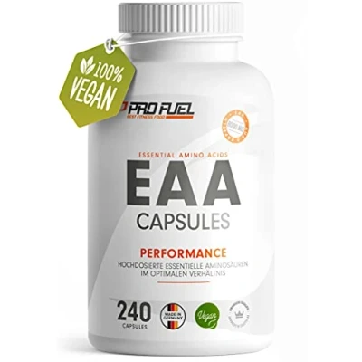 Abbildung von EAA Kapseln hochdosiert 240 Giga Caps mit je 1000 mg (vegan) Optimiertes Multi Amino Pattern (Human Code Profil) Ohne Zusatzstoffe Made in Germany 100% vegan ProFuel