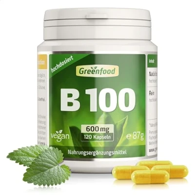 Abbildung von Vitamin B Komplex Hochdosiert mit 600mg Vitaminen pro Tag (120 vegane Kapseln) alle 8 Vitamine (B1, B2, B3, B5, B6, B7, B9, B12) ohne Zusätze und laborgeprüft Greenfood