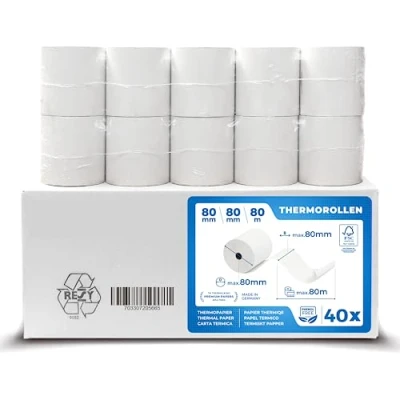Abbildung von 40 Stk. Premium Thermorollen 80mm x 12mm Thermopapier Bonrollen (80 80 12) zertifiziert für Kassen Drucker wie IBM, Metapace uvm.