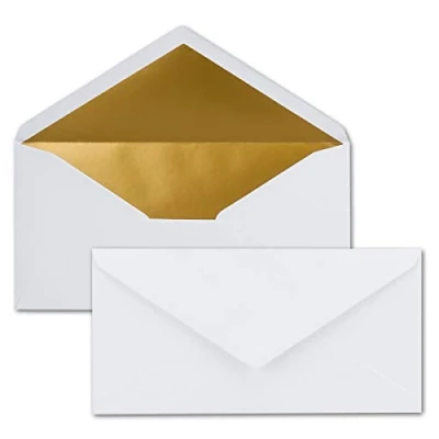 Abbildung von 25 Brief Umschläge DIN Lang Weiß mit Gold Metallic Innen Futter 110 x 220 mm Nassklebung festliche Kuverts für Weihnachten