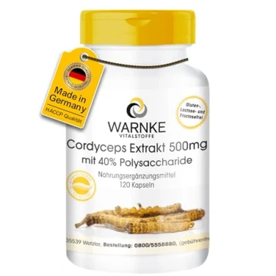 Abbildung von Cordyceps Extrakt 500 mg 120 Kapseln, standardisiert auf 40% Polysaccharide, veganer Vitalpilz Warnke Vitalstoffe Deutsche Apothekenqualität
