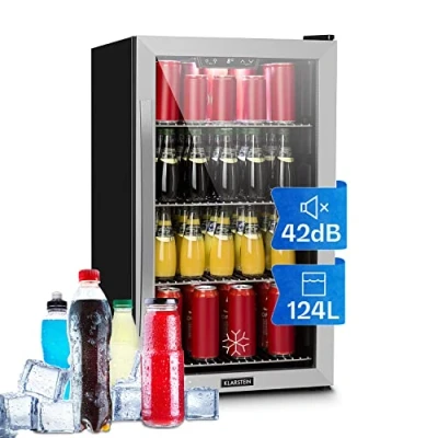 Abbildung von Klarstein Mini Kühlschrank mit Glastür, für Zimmer, Getränkekühlschrank Klein Verstellbaren Ablagen, Kleiner 124 L, Indoor/Outdoor Leise