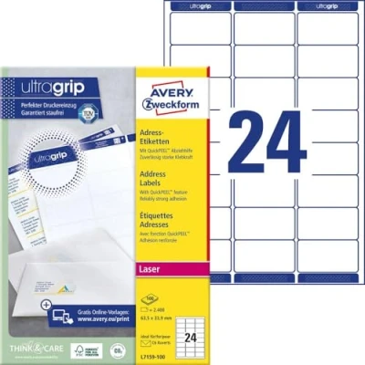 Abbildung von AVERY Zweckform L7159 100 Adressetiketten/Adressaufkleber (2.400 Etiketten mit ultragrip, 63,5x33,9mm auf A4, bedruckbar, selbstklebend, für DIN B6/C6 Briefkuverts, Papier matt) Blatt, weiß