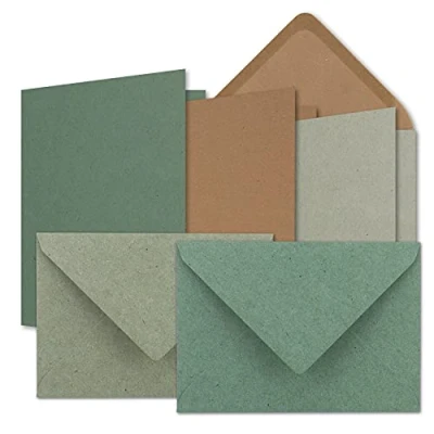 Abbildung von 60x Karten Set DIN B6 Kraftpapier Braun Grau Eukalyptus Faltkarten mit Umschläge 3 Farben 12 x 17 cm &amp; 12,5 17,5