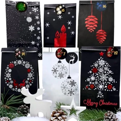 Abbildung von endlosschenken Adventskalender zum selber Befüllen 24 Kraftpapiertüten Basteln schwarz weiß DIY Weihnachtskalender