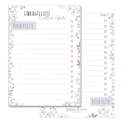 Abbildung von paper&amp;you® A6 Einkaufsliste Block [Blumen] mit 50 Blatt zum Abreißen Einkaufszettel Notizblock So macht Einkaufen Spaß! Klimafreundlich &amp; nachhaltig