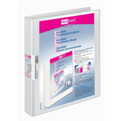 Abbildung von VELOFLEX 4143190 Präsentationsringbuch „Velodur“ DIN A4, 4 D Ring Mechanik, 25 mm breit, mit breiter Rückentaschen, weiß