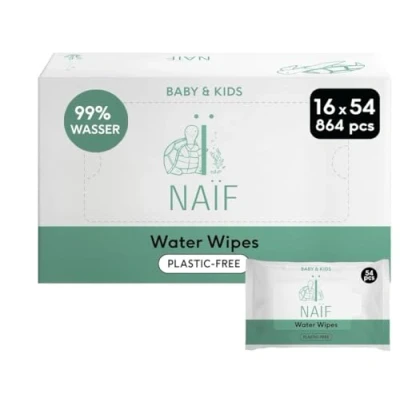 Abbildung von Naïf Plastikfreie Feuchttücher 864 Stück (16er x 54 Feuchttuch) Pflege für Babypo, Körper und Gesicht 99% aus Wasser 0% Parfüm Alkohol Nachhaltige Feuchttücherbox Eukalyptus Sensitiv