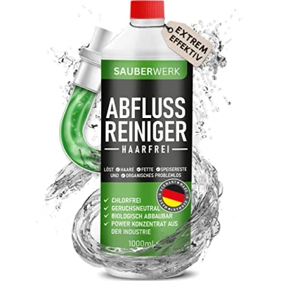 Abbildung von SauberWerk® Profi Abflussreiniger &amp; Rohrreiniger „Haarfrei“ (1L) Haarentferner flüssig für Toilette, WC Küche EXTRA STARK Rohrfrei Abflussfrei gegen Abfluss Verstopfung Haare Organischem
