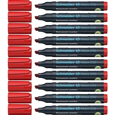 Abbildung von Schneider Maxx 250 Permanent Marker mit Keilspitze (Strichstärke: 2+7 mm, nachfüllbar) 10er Packung rot