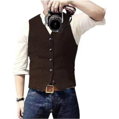 Abbildung von Solovedress Herren Casual Wolle Fischgrätmuster Anzug Weste V Ausschnitt Tweed für Hochzeit Groomsmen(Kaffee,XXL)