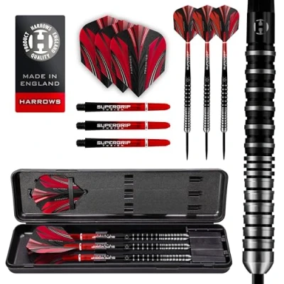 Abbildung von Harrows Predator 90% Wolfram Dartpfeile in Schwarz und Silber Darts Set mit Stahlspitze 21g, 22g, 23g, 24g, 25g &amp; 26g Enthält Supergrip Fusion Shafts 100 Micron Flights (22g)
