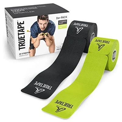 Abbildung von TRUETAPE Kinesiotapes vorgeschnitten 40 Streifen Kinesiologie Tape (25cm x 5cm) wasserfestes &amp; elastisches Kinesiotape besonders hohe Elastizität I hautfreundliche Sport Tapes Schwarz Lime